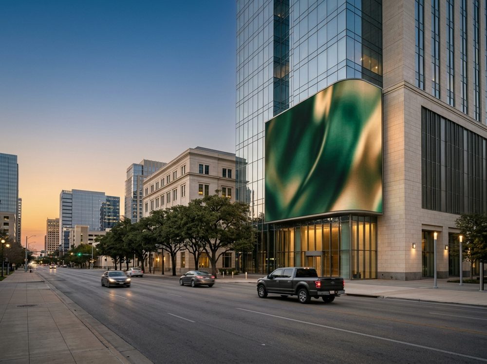 A calm, illuminated LED screen on a modern downtown tower at dusk