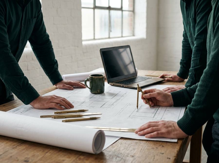 Team reviewing plans around a table