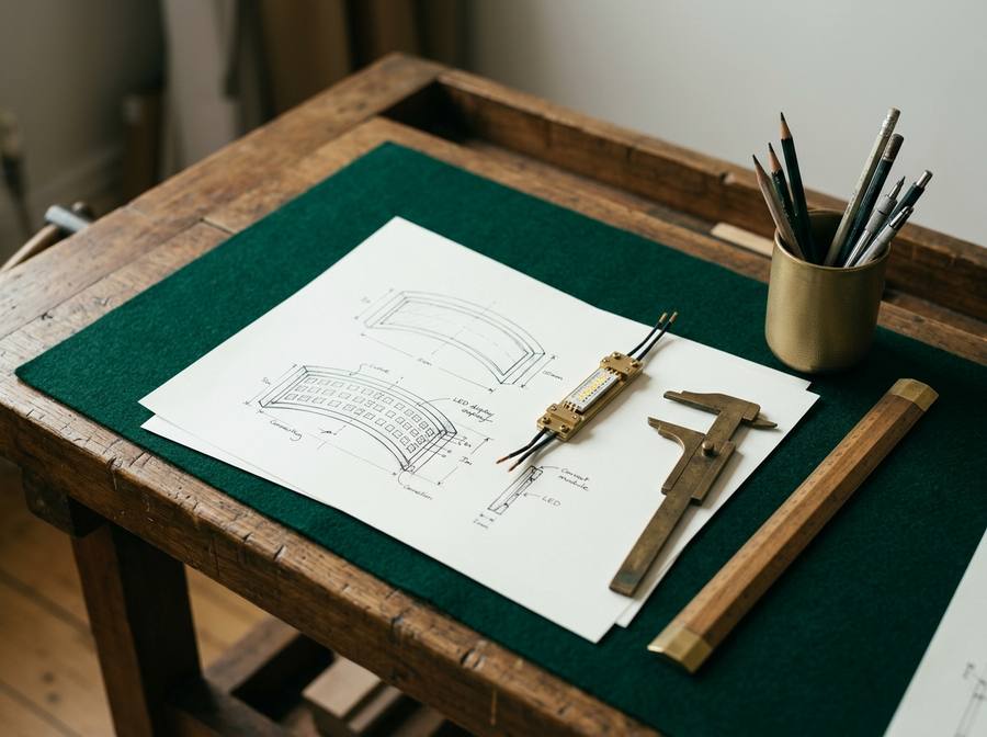 Design sketches, an LED module and brass tools on a workbench